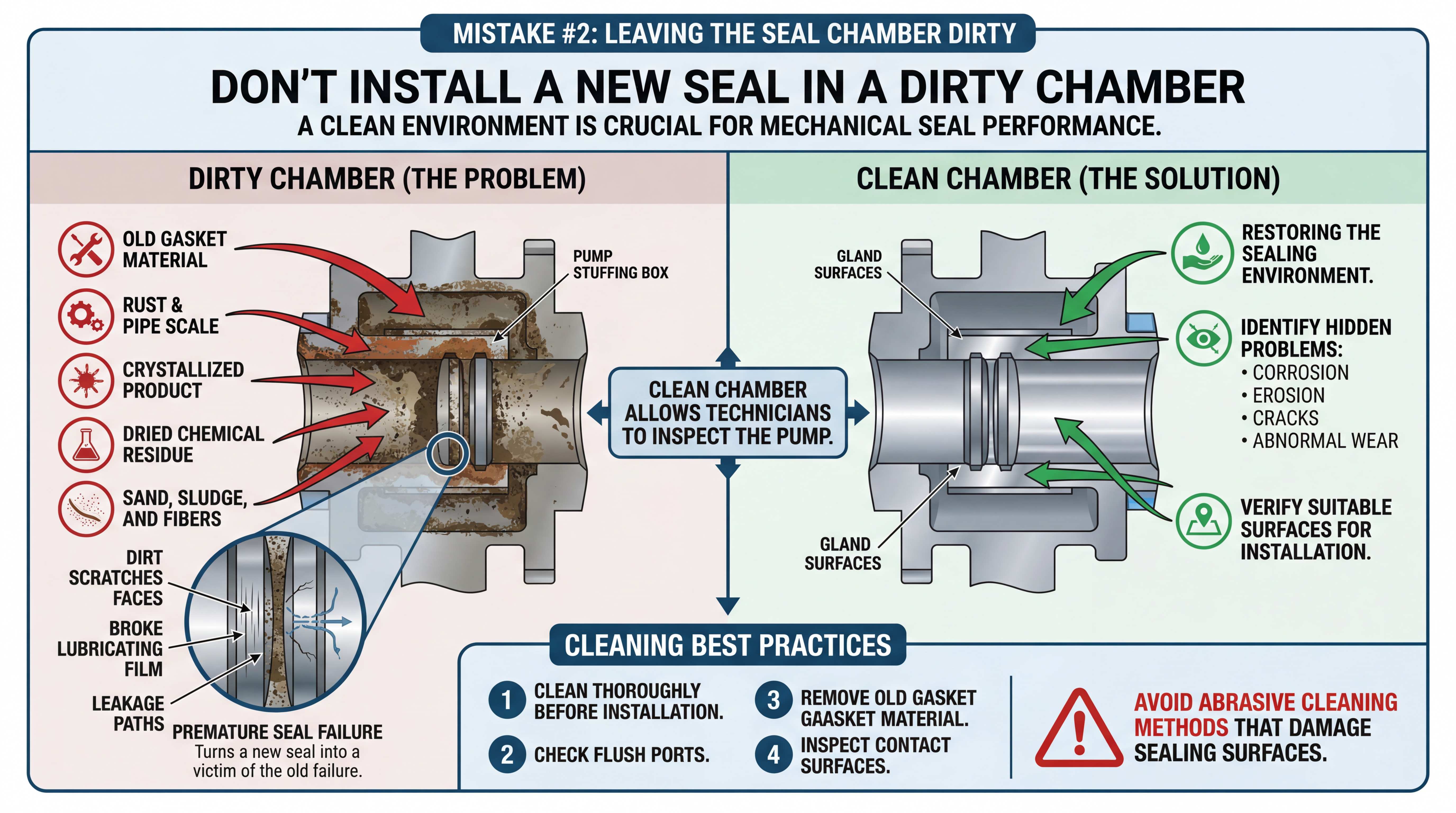 Dirty seal chamber causing mechanical seal failure with old gasket material rust crystallized product chemical residue sand sludge and leakage paths